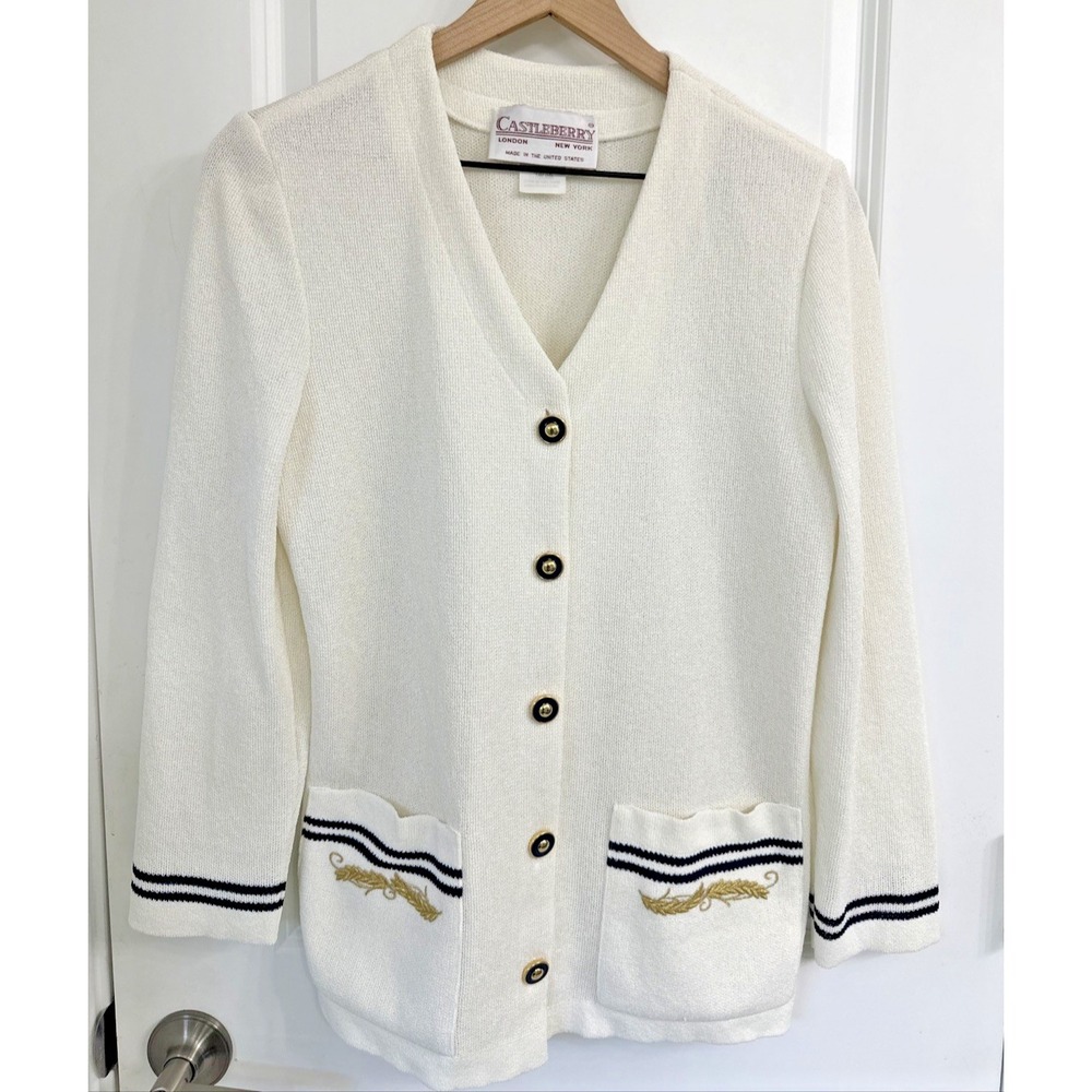 CASTLEBERRY Women Size 8 Textured Knit Cardigan Sweater Ivory Embroidered Pocket